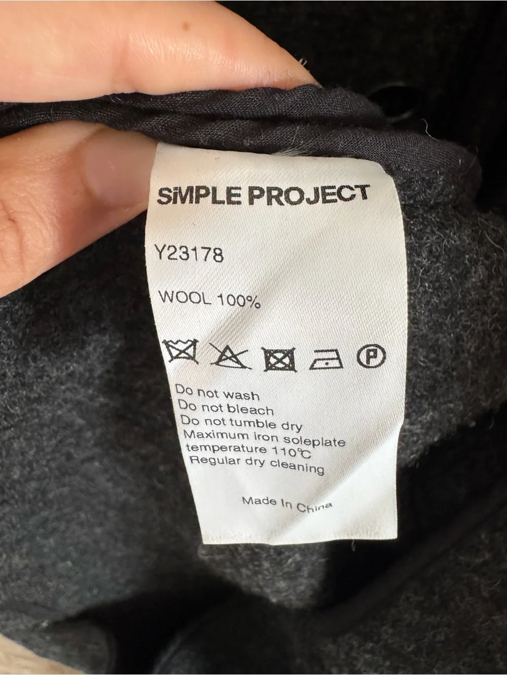 Simple Project 100% Wool Charcoal Coat Cream Shearling Collar XS